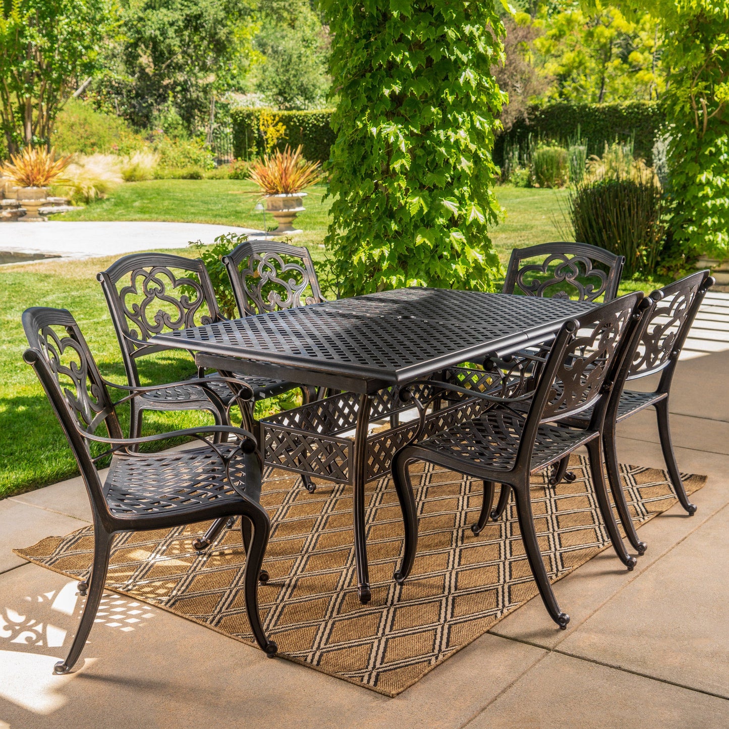 Ariel Outdoor 7 Pc Cast Aluminum Dining Set with Extension Leaf