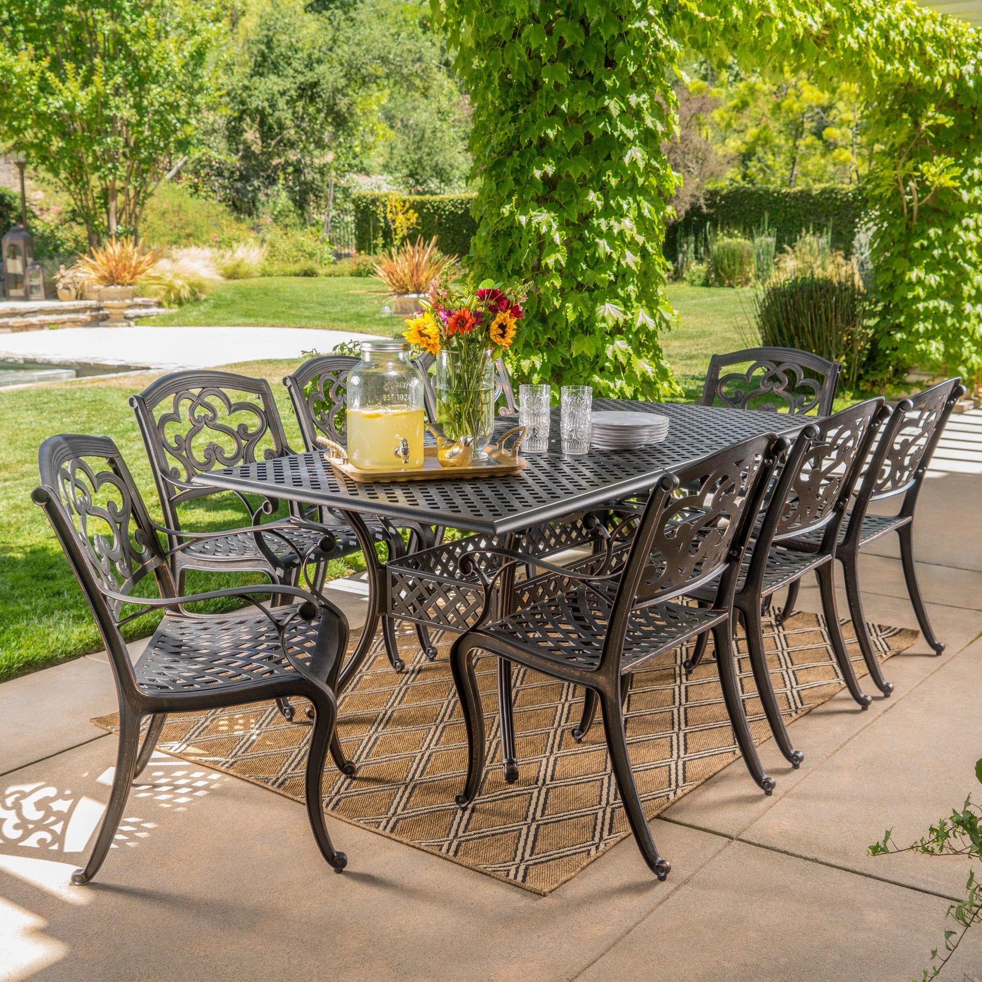 Ariel Outdoor Piece Patina Copper Finish Cast Aluminum Dining