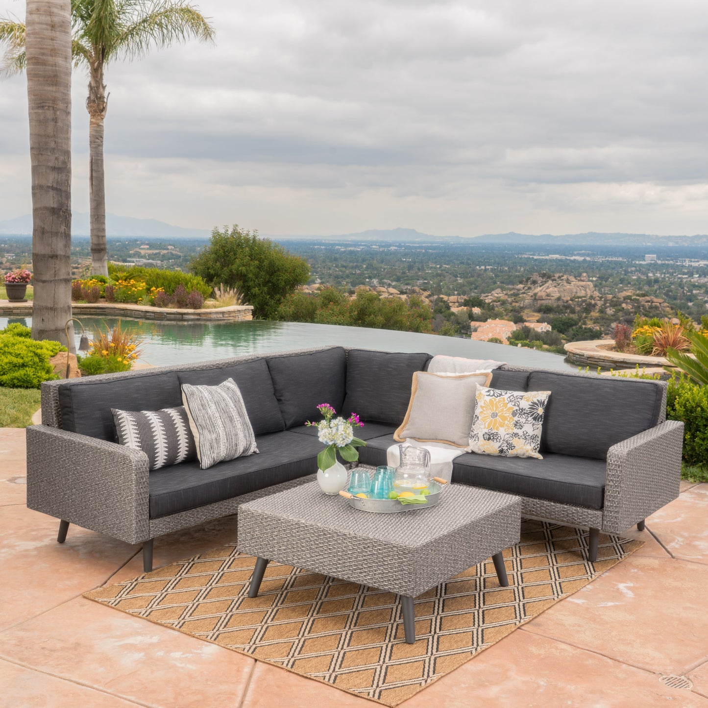 Hensley Outdoor Wicker 5 Seater Sectional Sofa Chat Set with Cushions, Mixed Black and Dark Gray