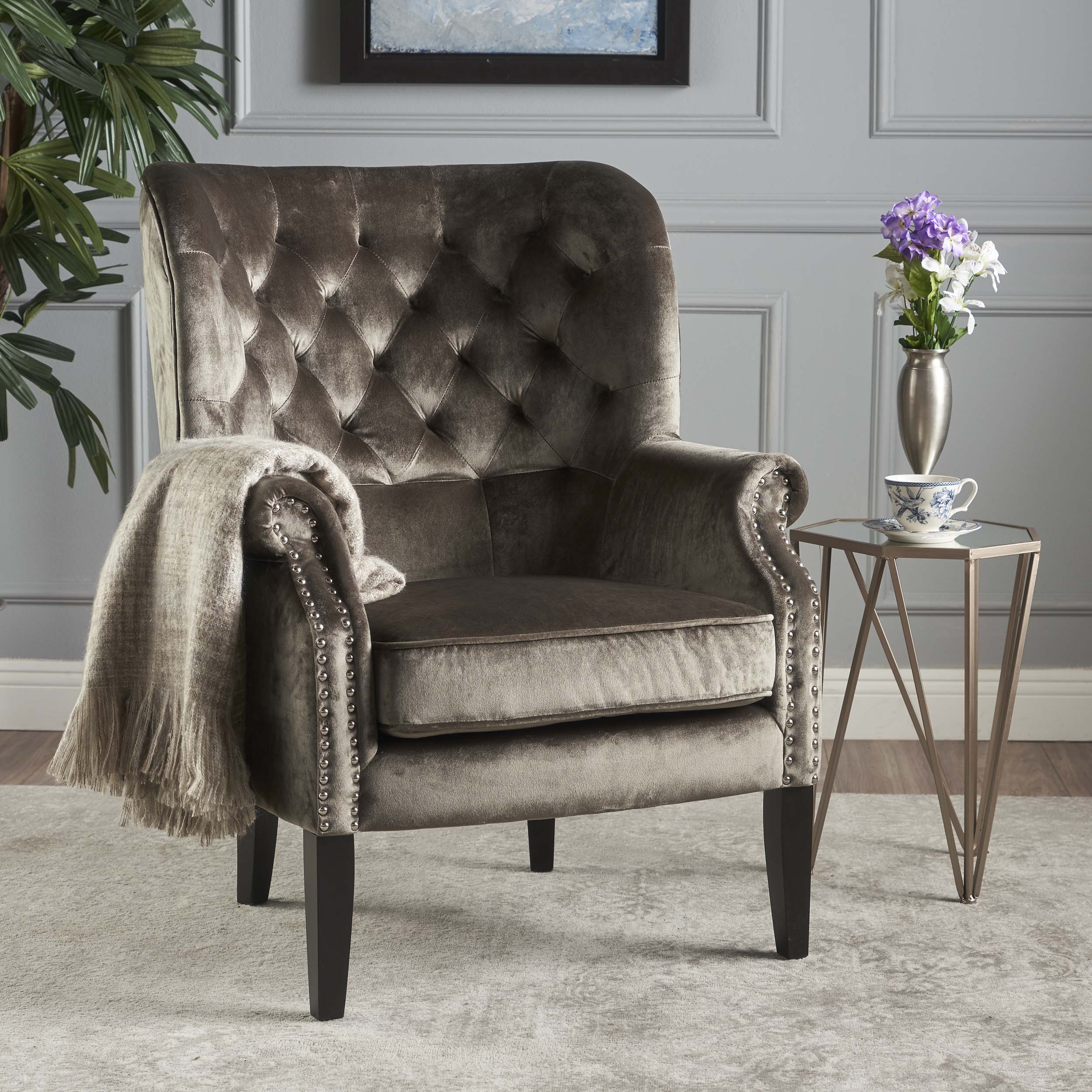 Tomlin Modern Glam Velvet Club Chair with Nailhead Trim GDFStudio