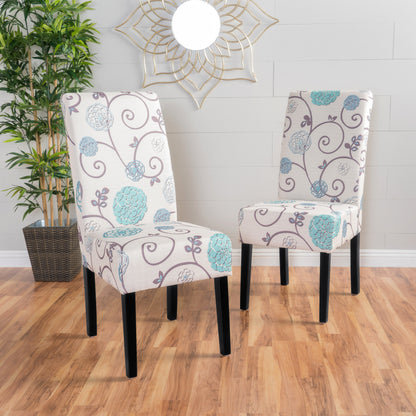 Percival White and Blue Floral Fabric Dining Chair, Set of 2