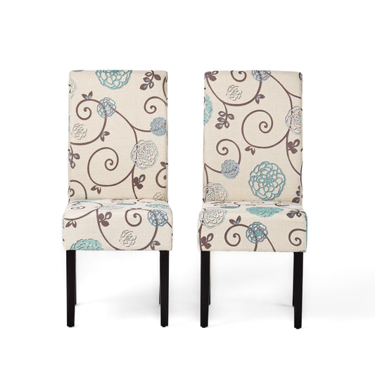 Percival White and Blue Floral Fabric Dining Chair, Set of 2