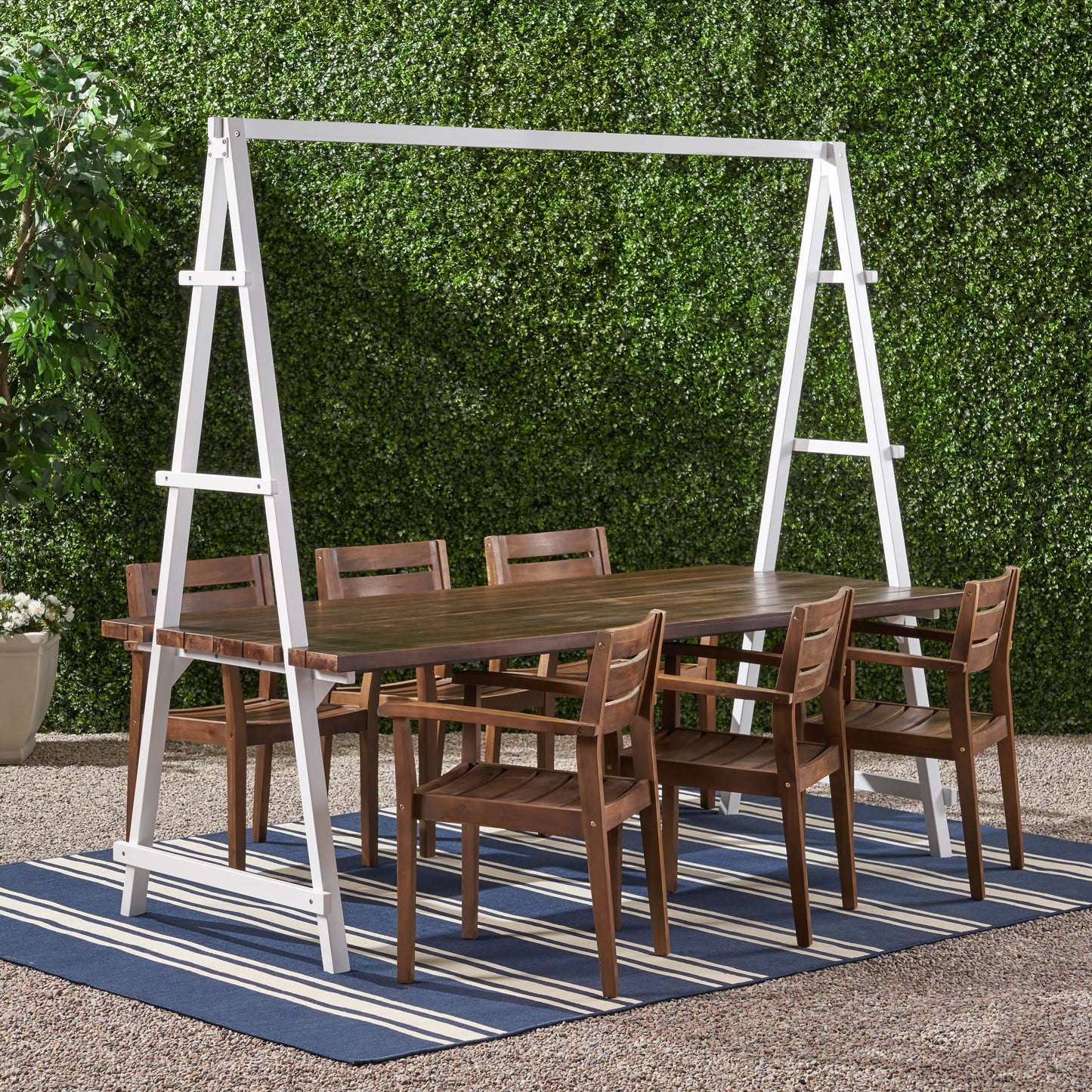 Kinley Outdoor Modern 6 Seater Acacia Wood and Iron Planter Dining Set