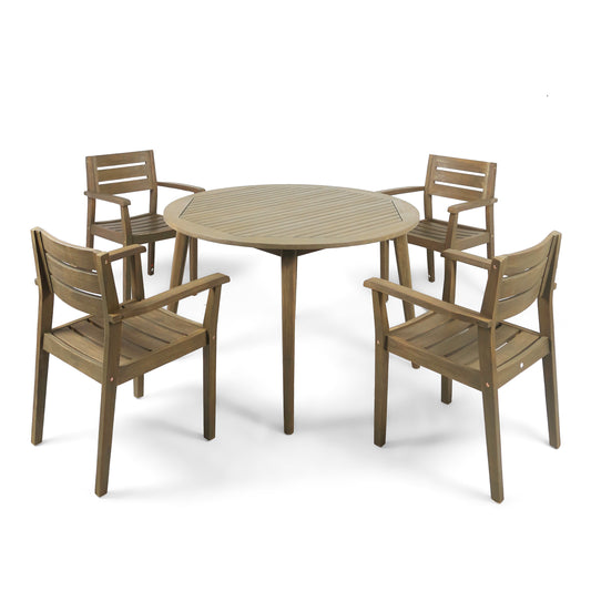 Zack Outdoor 5 Piece Acacia Wood Dining Set with Straight Legged Dining Table, Gray Finish