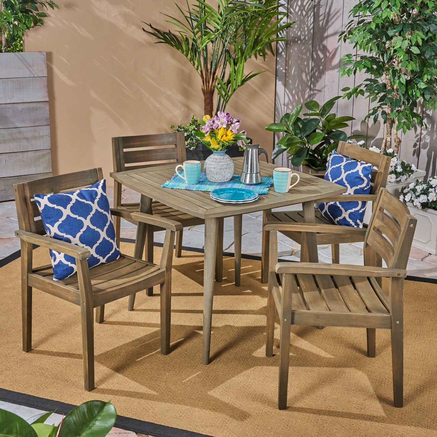 Zack Outdoor 5 Piece Acacia Wood Dining Set wit Straight Legged Dining Table