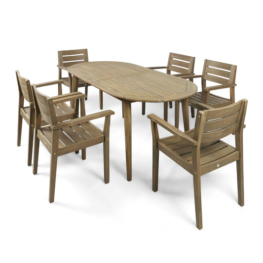 Stanford Outdoor 7-Piece Acacia Wood Dining Set with Oval Table, Gray Finish