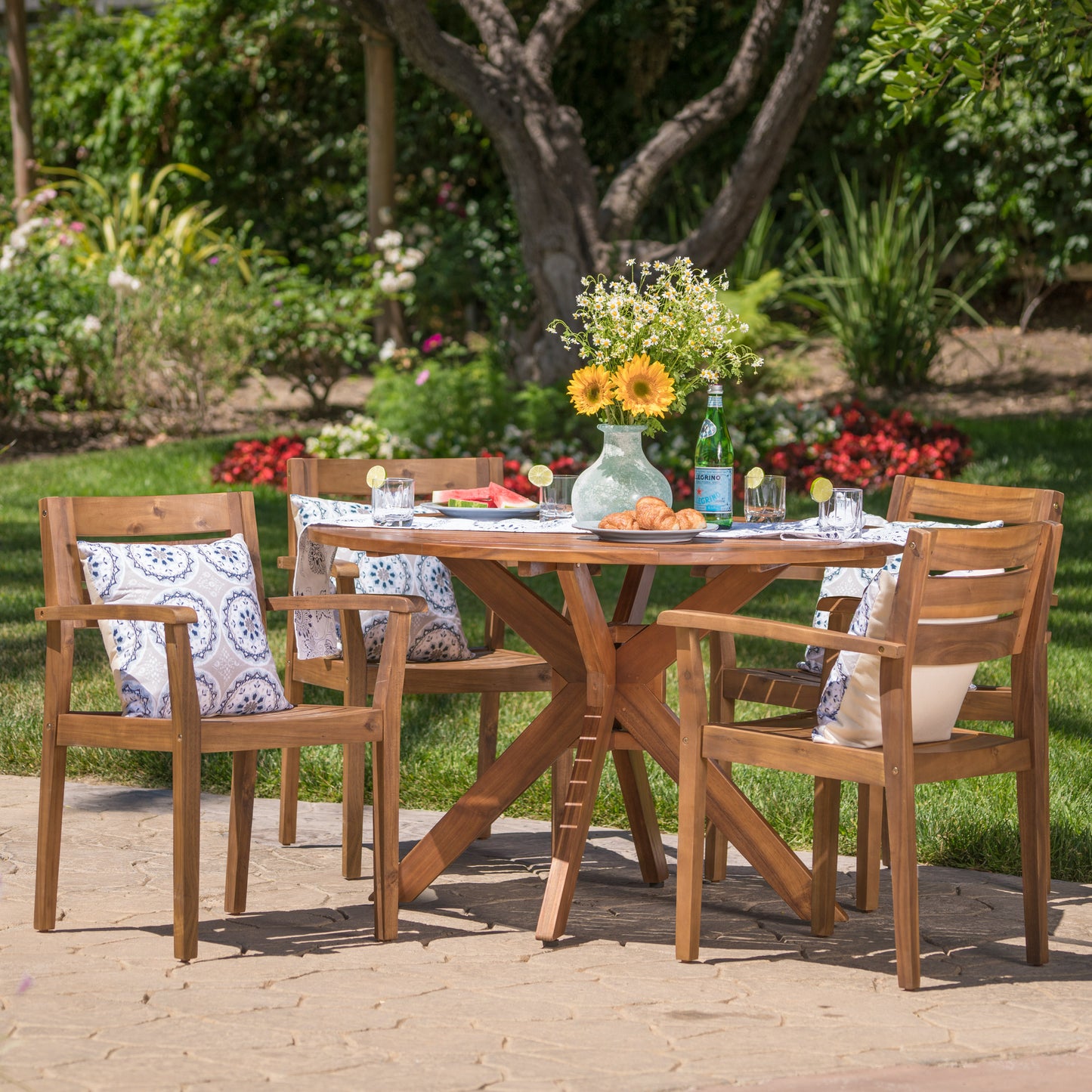 Stanford Outdoor Teak Finish Acacia Wood 5 Piece Dining Set