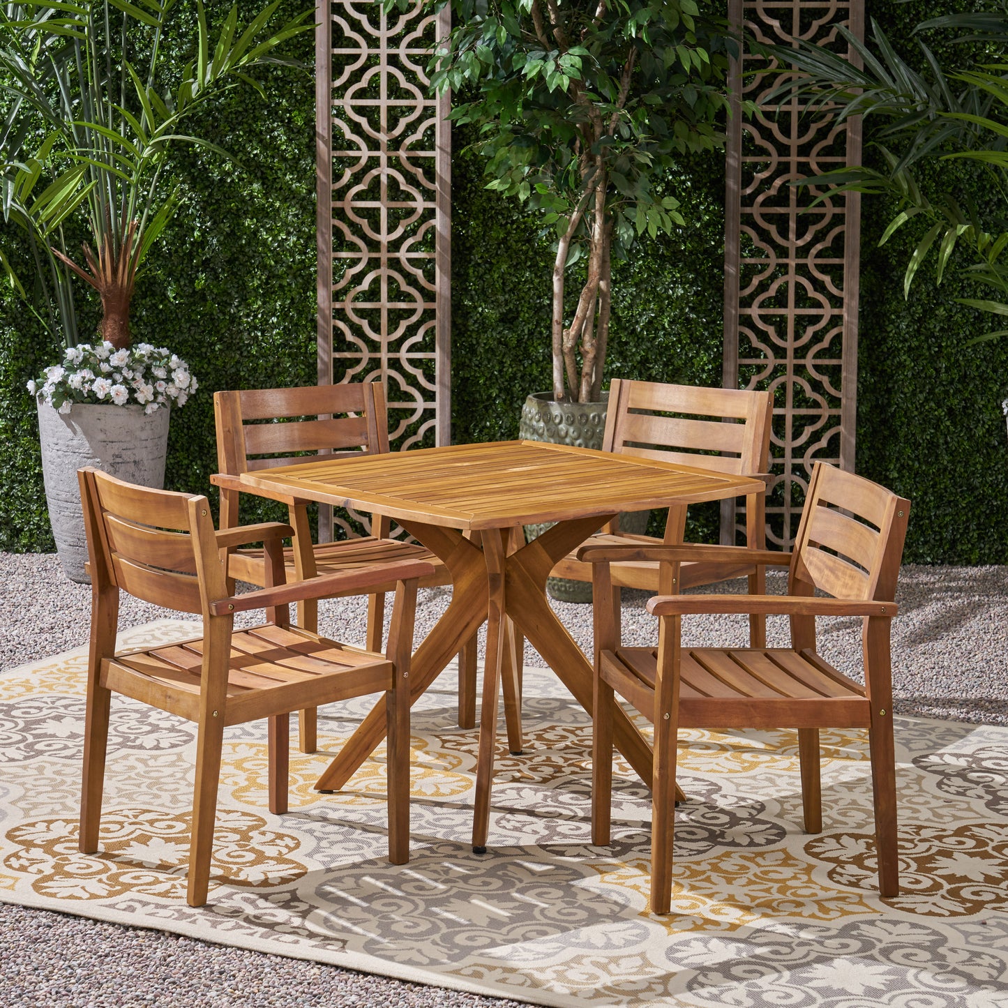 Stanford Outdoor 5 Piece Acacia Wood Dining Set Wit X Base