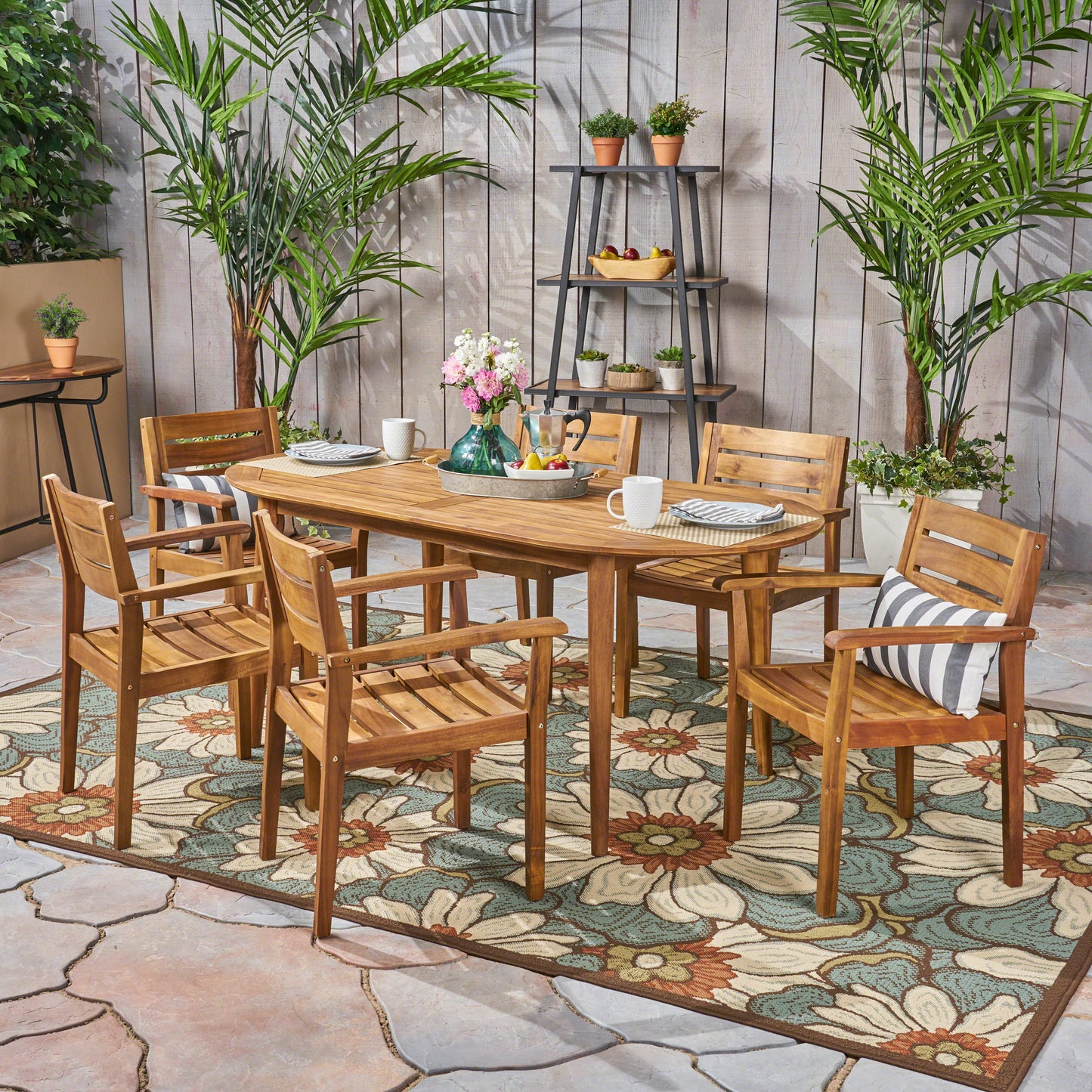 Stanford Patio Dining Set, 71" 6-Seater, Oval Table, Acacia Wood with Teak Finish