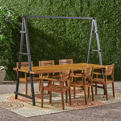 Kinley Outdoor Modern 6 Seater Acacia Wood and Iron Planter Dining Set