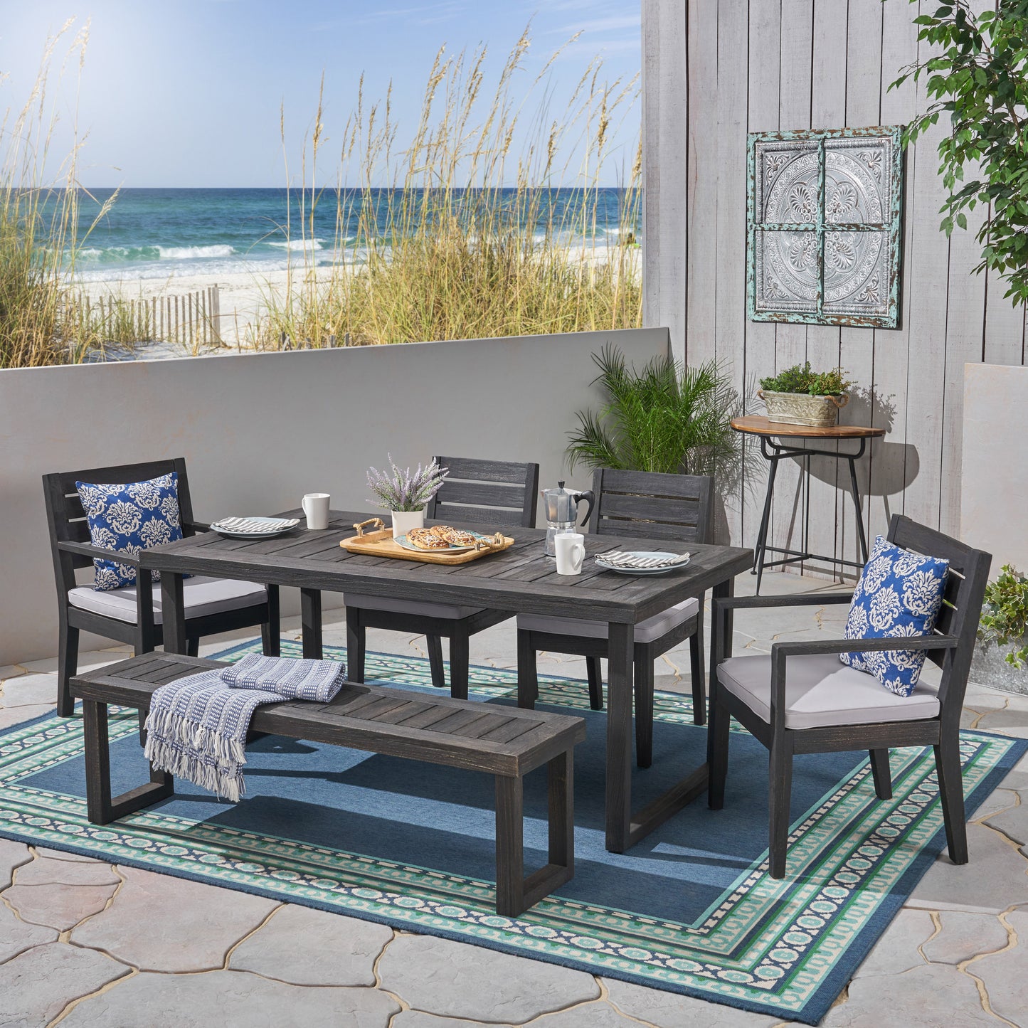 Eric Outdoor 6-Seater Acacia Wood Dining Set with Bench