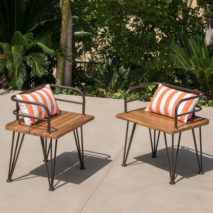 Avy Outdoor Rustic Industrial Acacia Wood Chairs with Metal Hairpin Legs (Set of 2), Teak