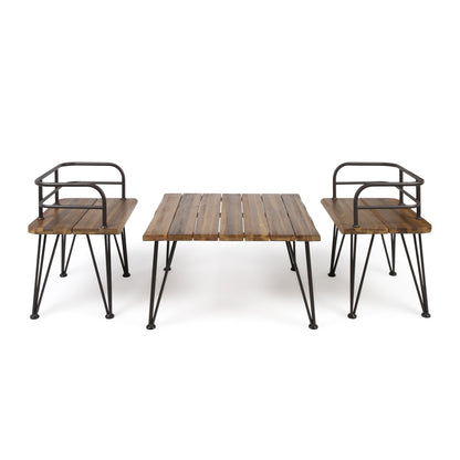 Avy Outdoor Rustic Industrial Acacia Wood Coffee Table Chat Set with Metal Hairpin Legs, Teak