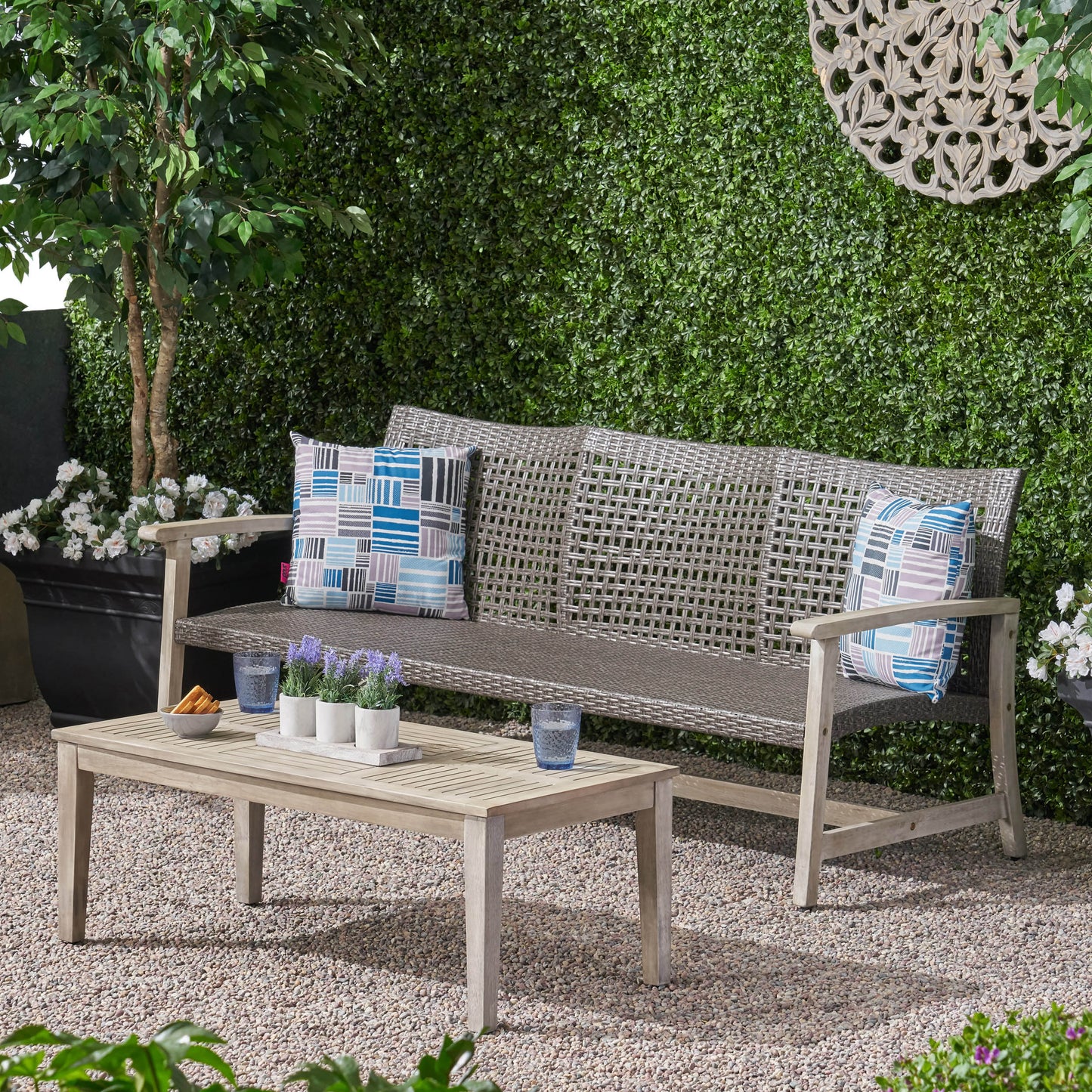 Beacher Belloc Outdoor Wood and Wicker Sofa and Coffee Table Set