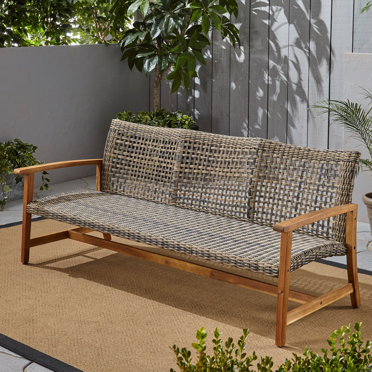 Marcia Outdoor 3-Seater Wicker Weave Sofa with Acacia Wood Frame