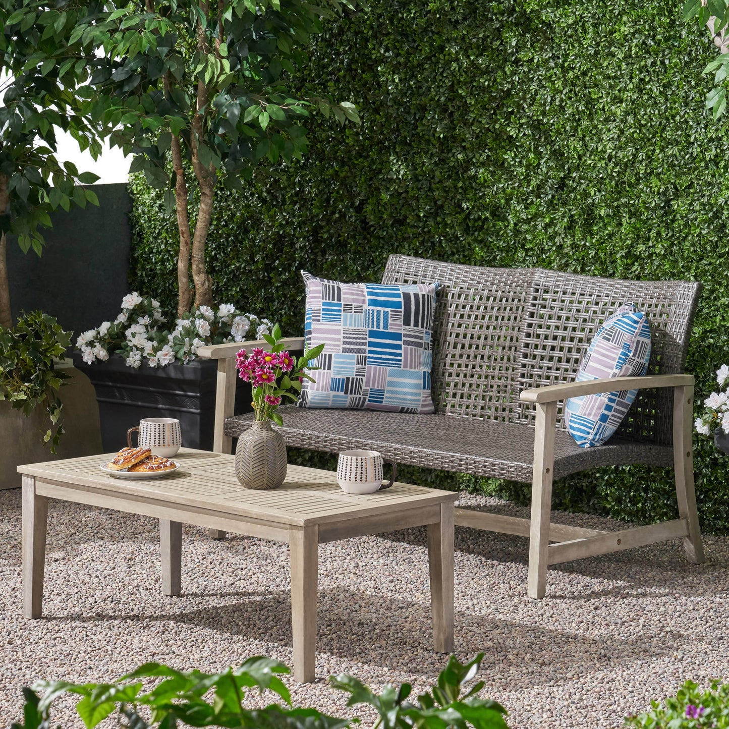 Spring Spender Outdoor Wood and Wicker Loveseat and Coffee Table Set
