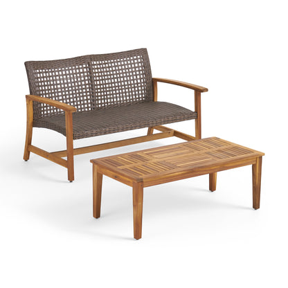 Spring Spender Outdoor Wood and Wicker Loveseat and Coffee Table Set