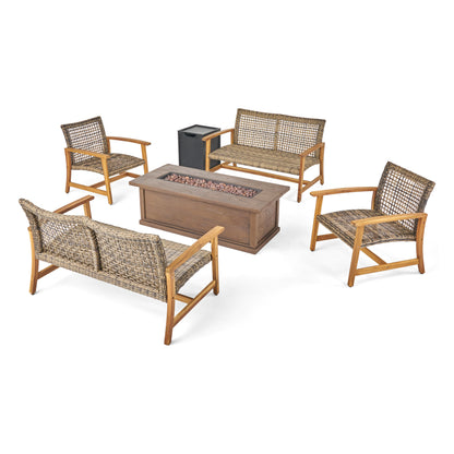 Rachel Outdoor 6 Piece Wood and Wicker Chat Set with Fire Pit