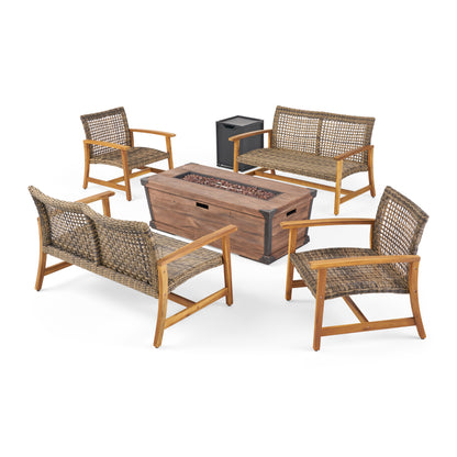 Levant Outdoor 6-Seater Wood and Wicker Chat Set with Fire Pit