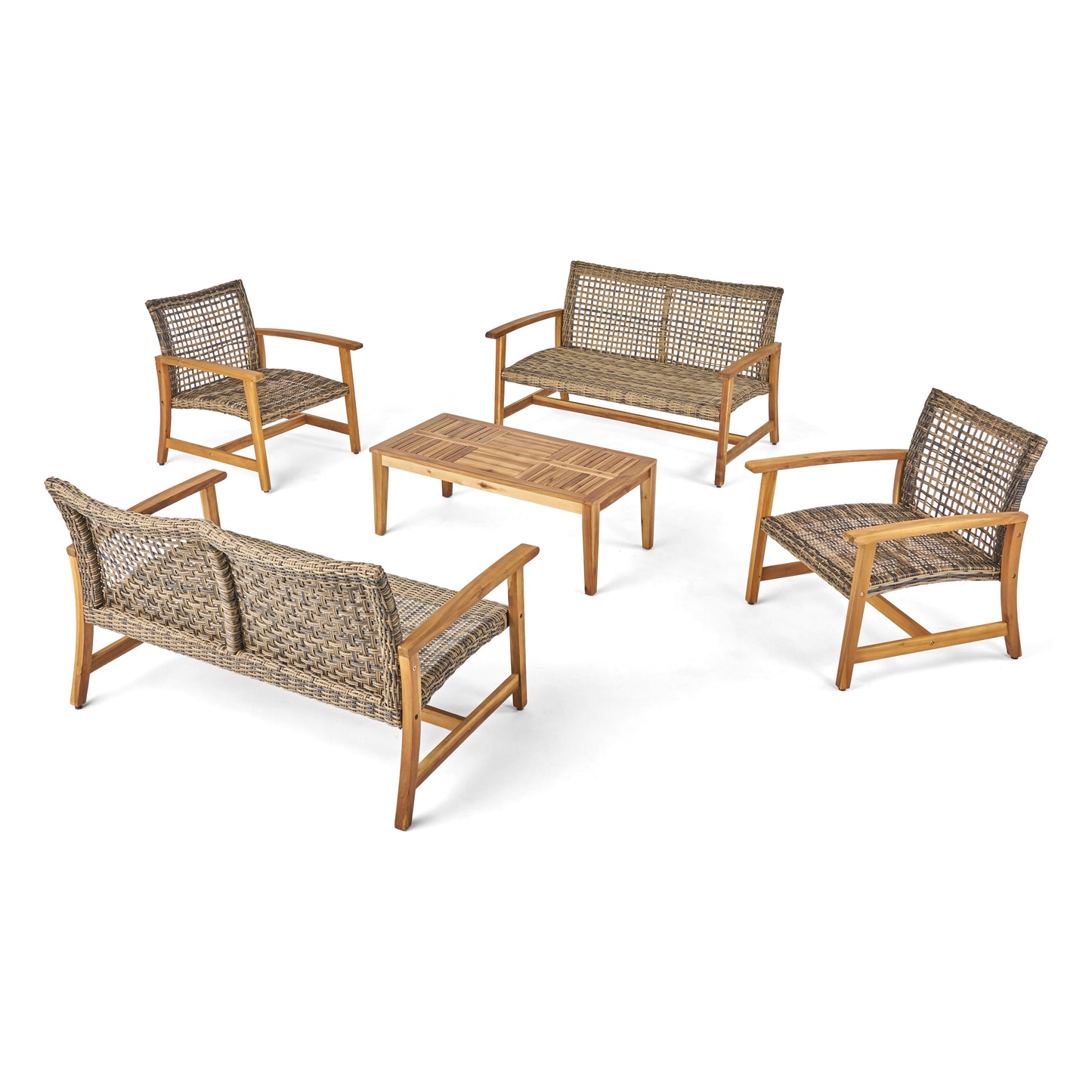 Levant Outdoor 5 Piece Wood and Wicker Loveseat Chat Set