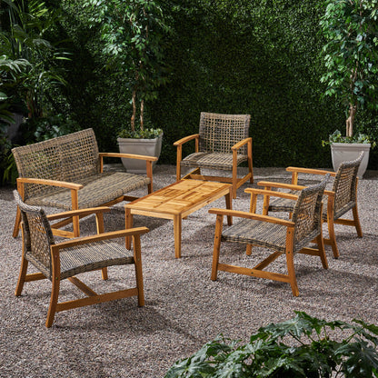 Levant Outdoor 5 Piece Wood and Wicker Loveseat Chat Set
