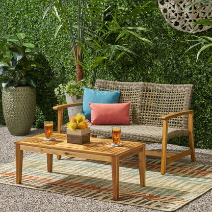 Spring Spender Outdoor Wood and Wicker Loveseat and Coffee Table Set