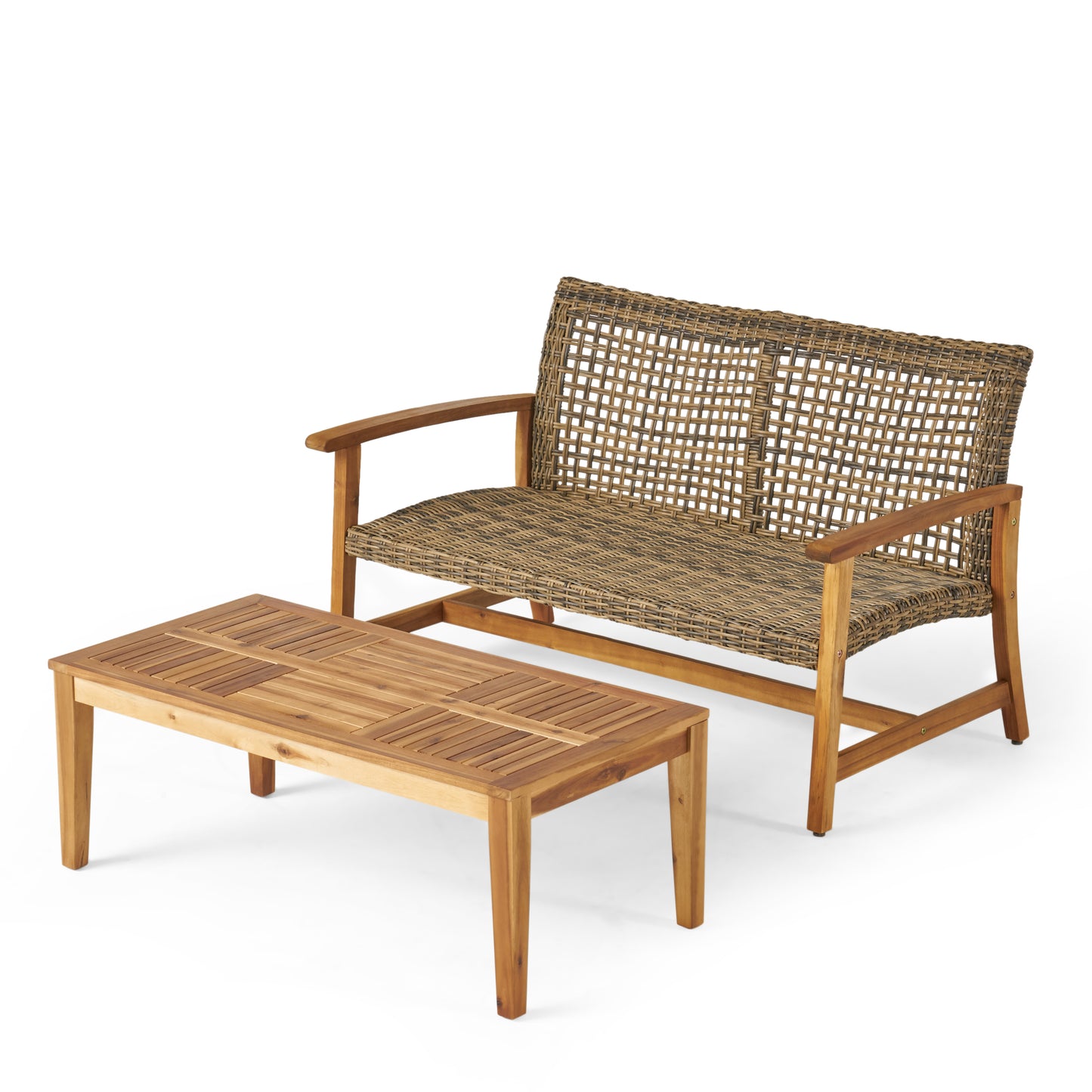 Spring Spender Outdoor Wood and Wicker Loveseat and Coffee Table Set