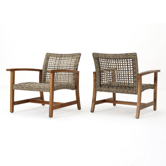 Savannah Outdoor Mid Century Acacia Wood Frame Wicker Club Chairs (Set of 2)