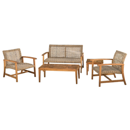 Hunter Outdoor 4 Piece Wicker Chat Set with Natural Stained Acacia Wood Frame