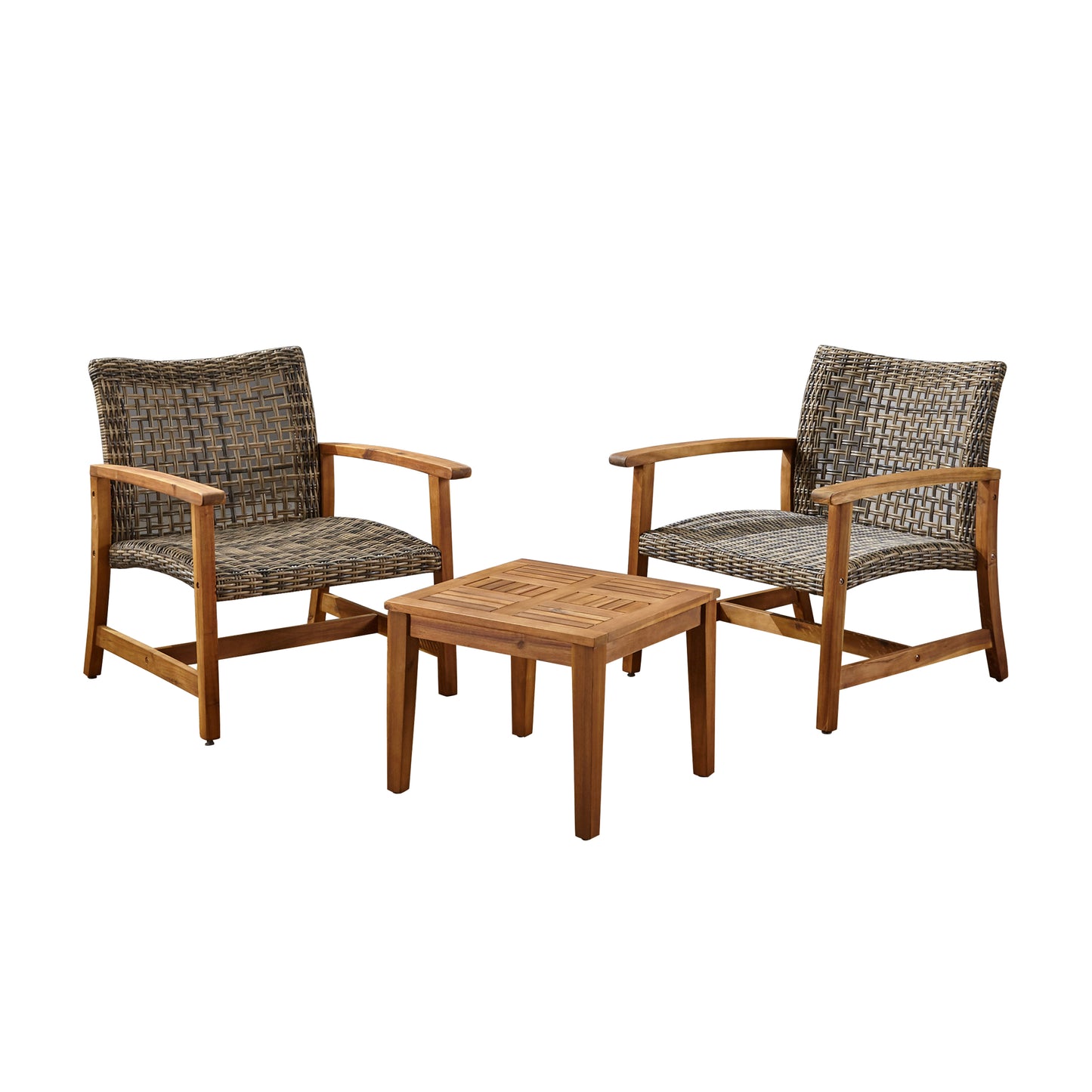 Alyssa Outdoor 3 Piece Wood and Wicker Club Chairs and Side Table Set