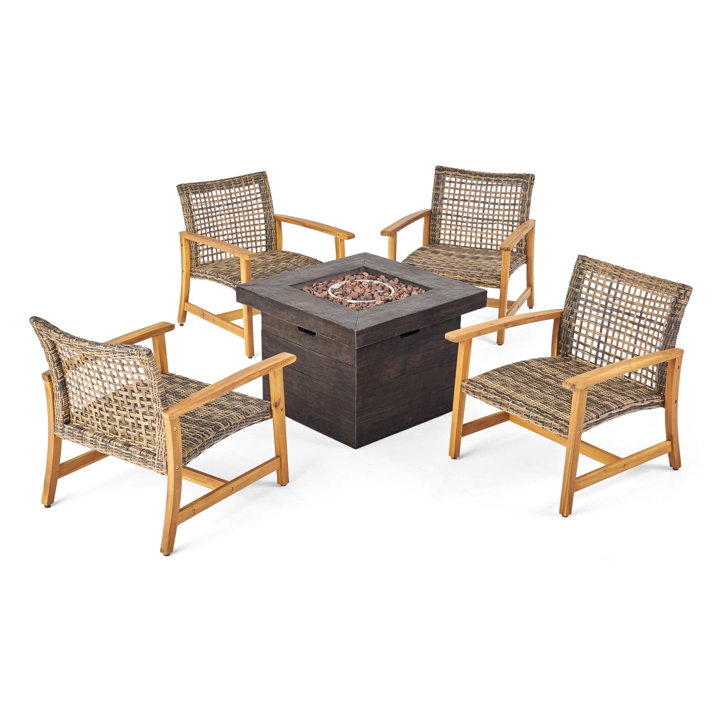 Rachel Outdoor 5 Piece Wood and Wicker Club Chairs and Fire Pit Set
