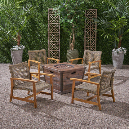 Levant Outdoor 4-Seater Wood and Wicker Club Chair Set with Fire Pit