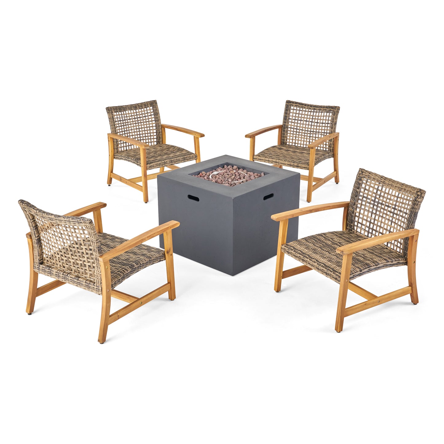 Tabby Outdoor 5 Piece Wood and Wicker Club Chairs and Fire Pit Set