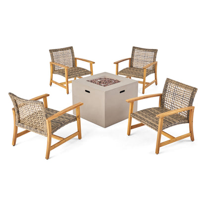 Tabby Outdoor 5 Piece Wood and Wicker Club Chairs and Fire Pit Set