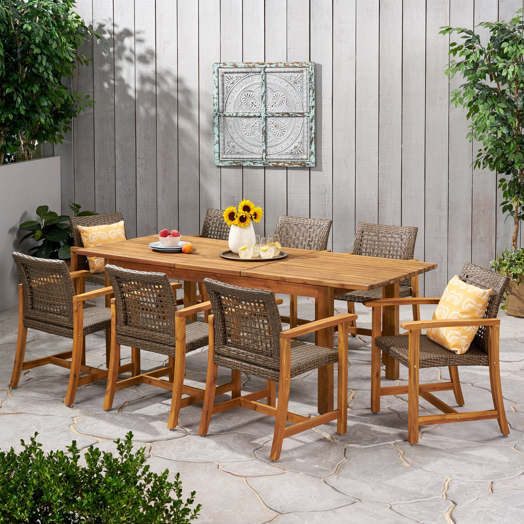 Chassidy Outdoor 8 Seater Acacia Wood Dining Set with Expandable Table – GDFStudio