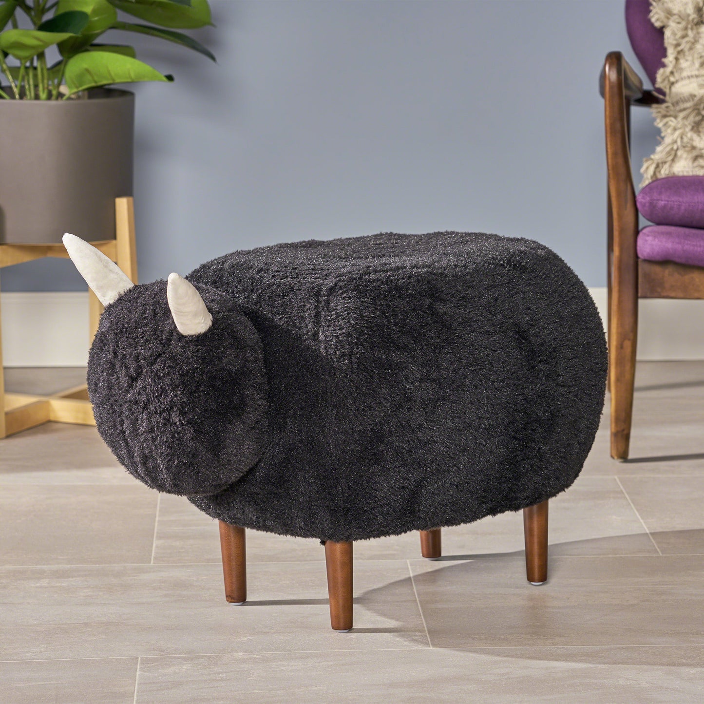 Brebis Furry Sheep Ottoman, Black