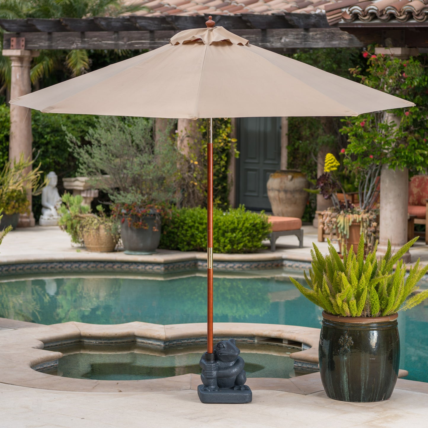 frog patio umbrella stand Zues Outdoor 55lbs Green Frog Umbrella Base – GDFStudio
