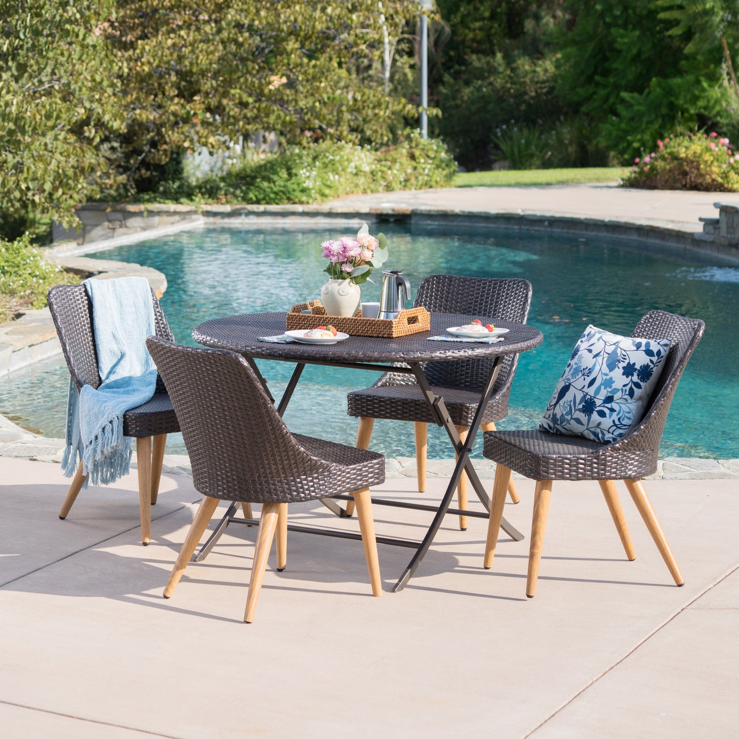 Othon Outdoor 5 Piece Multi-brown Wicker Dining Set with Table and Chairs