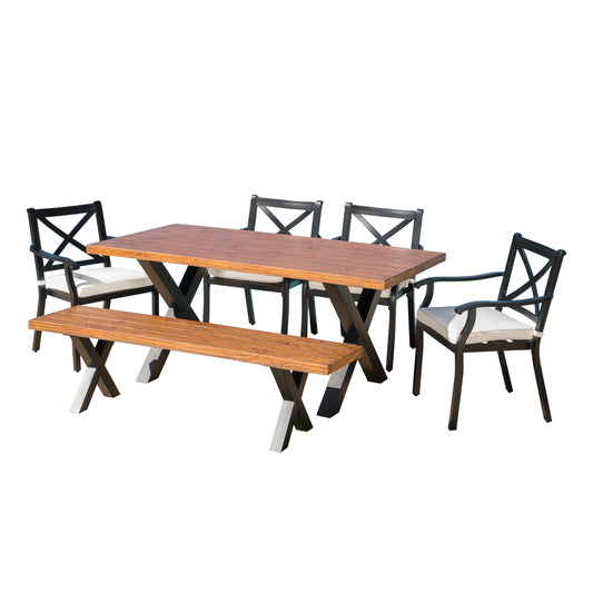 Sebastian Outdoor 6 Piece Aluminum Dining Set with Concrete Table and Bench