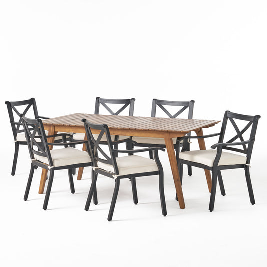 Buster Outdoor 7 Piece Acacia Wood and Aluminum Dining Set, Teak and Black with Ivory Cushions