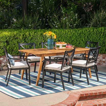 Buster Outdoor 7 Piece Acacia Wood and Aluminum Dining Set, Teak and Black with Ivory Cushions