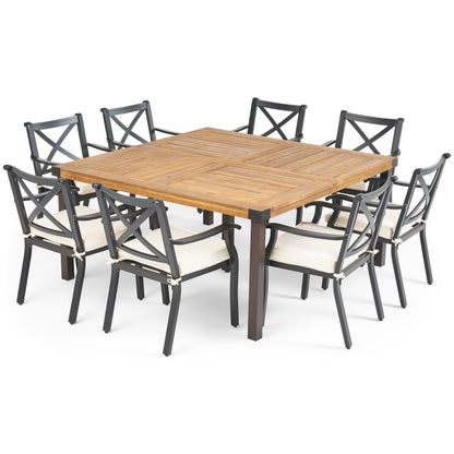 Toula Outdoor 8 Seater Acacia Wood and Cast Aluminum Dining Set with Cushions