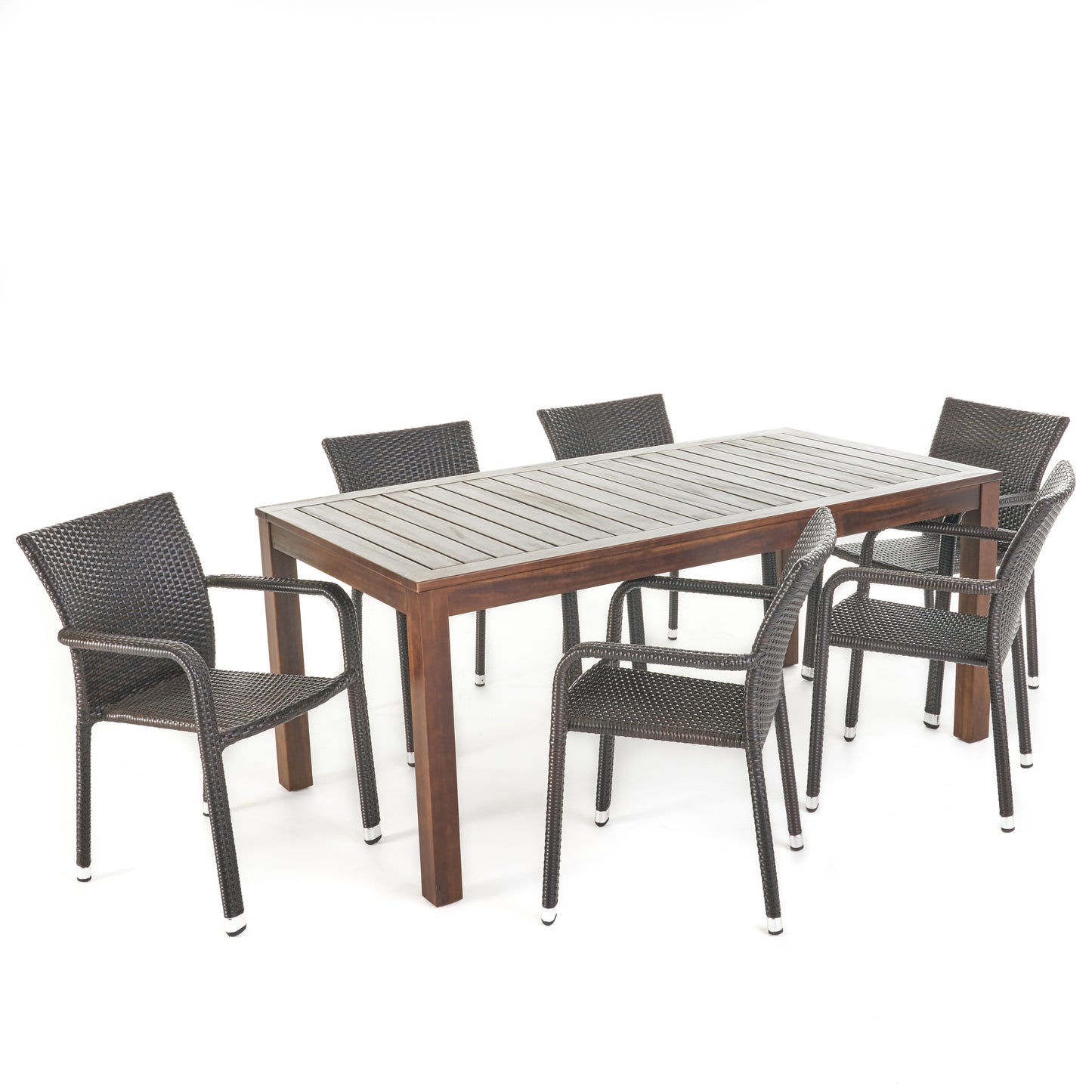 Netton Outdoor 7 Piece Dining Set with Dark Brown Finished Wood Table and Chairs