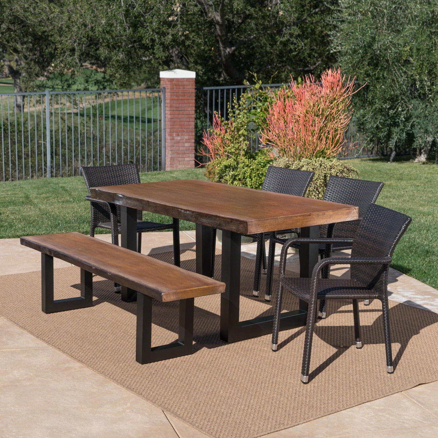 Zendaya Outdoor 6 Piece Wicker Dining Set with Light Weight Concrete Table and Bench
