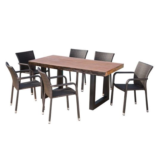 Zendaya Outdoor 7 Piece Wicker Dining Set with Light Weight Concrete Table