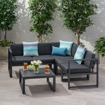 Nealie Outdoor Water Resistant Cushions 6 PC Sofa Set w/ Stone Finished Tempered Glass Coffee Table