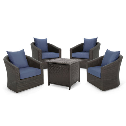 Dillard Outdoor 4 Seater Wicker Swivel Chair and Fire Pit Set