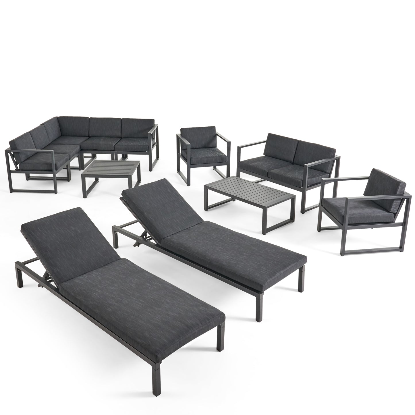 Nealie Outdoor 9 Seater Aluminum Sectional Sofa Set with Mesh Chaise Lounges