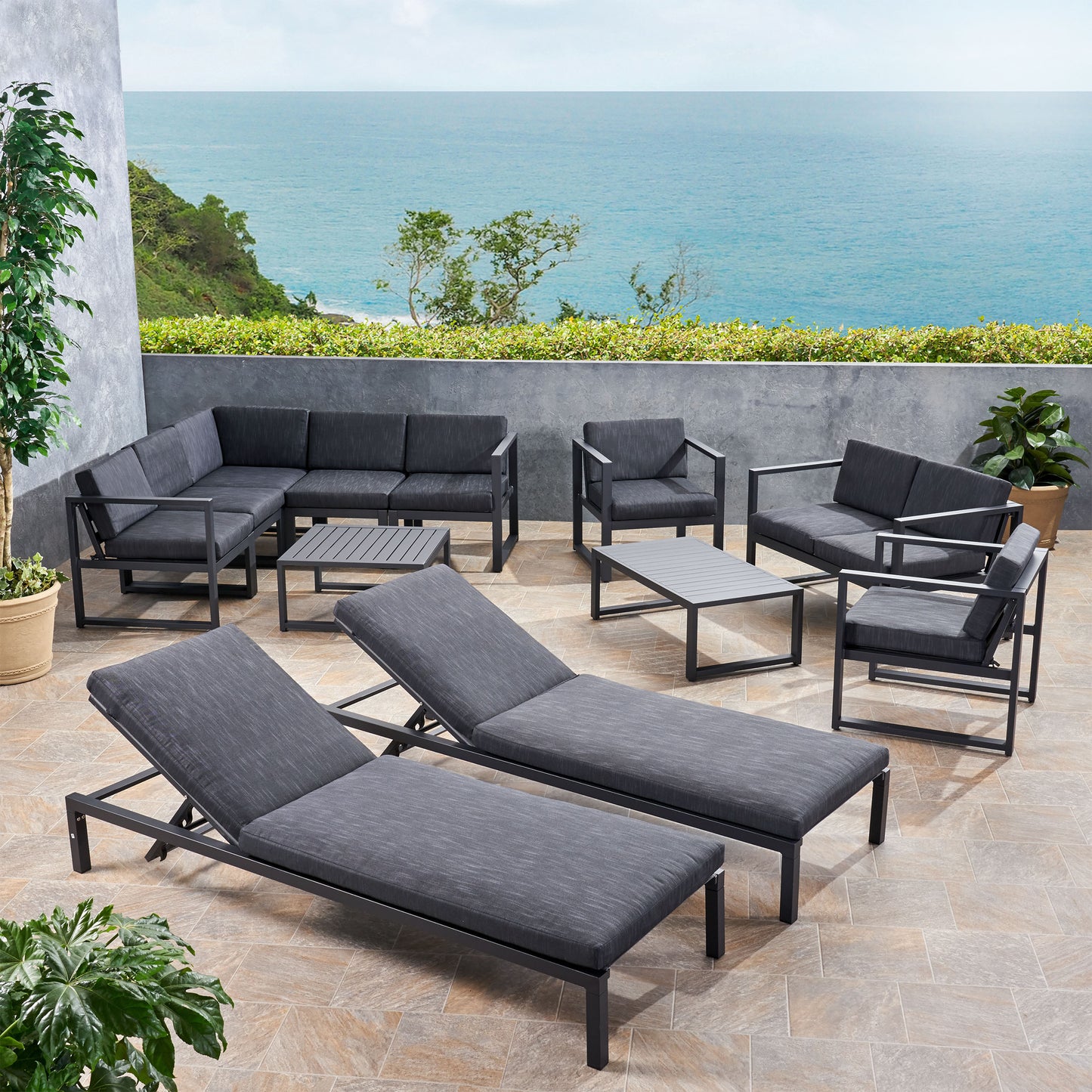 Nealie Outdoor 9 Seater Aluminum Sectional Sofa Set with Mesh Chaise Lounges