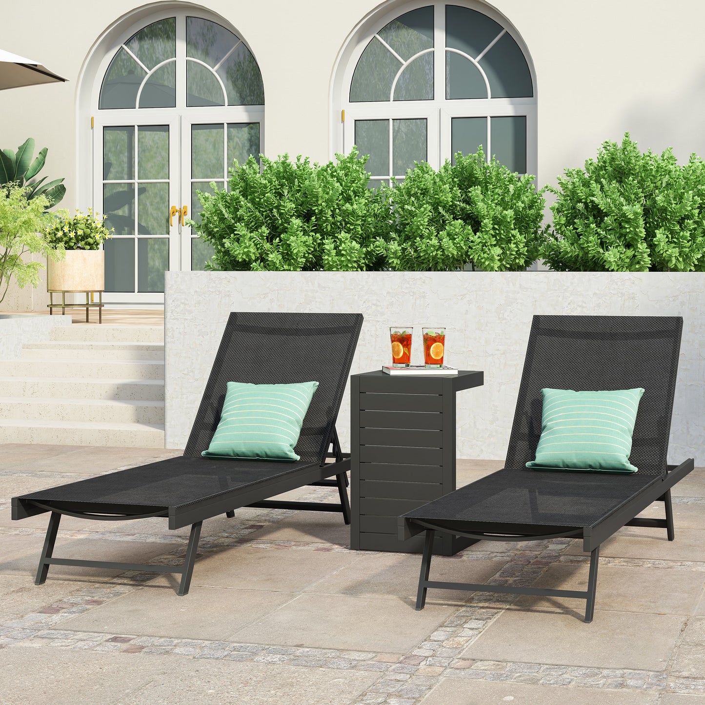 Simon Outdoor Aluminum Chaise Lounge Set with C-Shaped End Table
